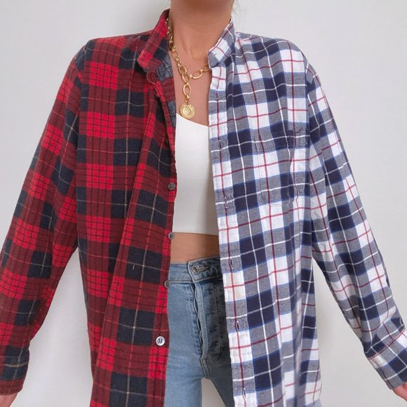 Vintage Tops - Reworked Half & Half Spliced Oversized Flannel